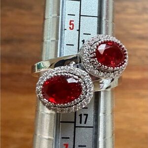 Elegant Silver Tone and Red Glass Rhinestone Ring Size 5,75, 6.75